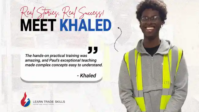 Banner image for Learn Trade Skills Ltd showcasing Khaled's testimonial about the Gold Card Electrical Course.